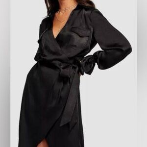 Ramy Brook Black Satin Wrap Dress with Tie Waist